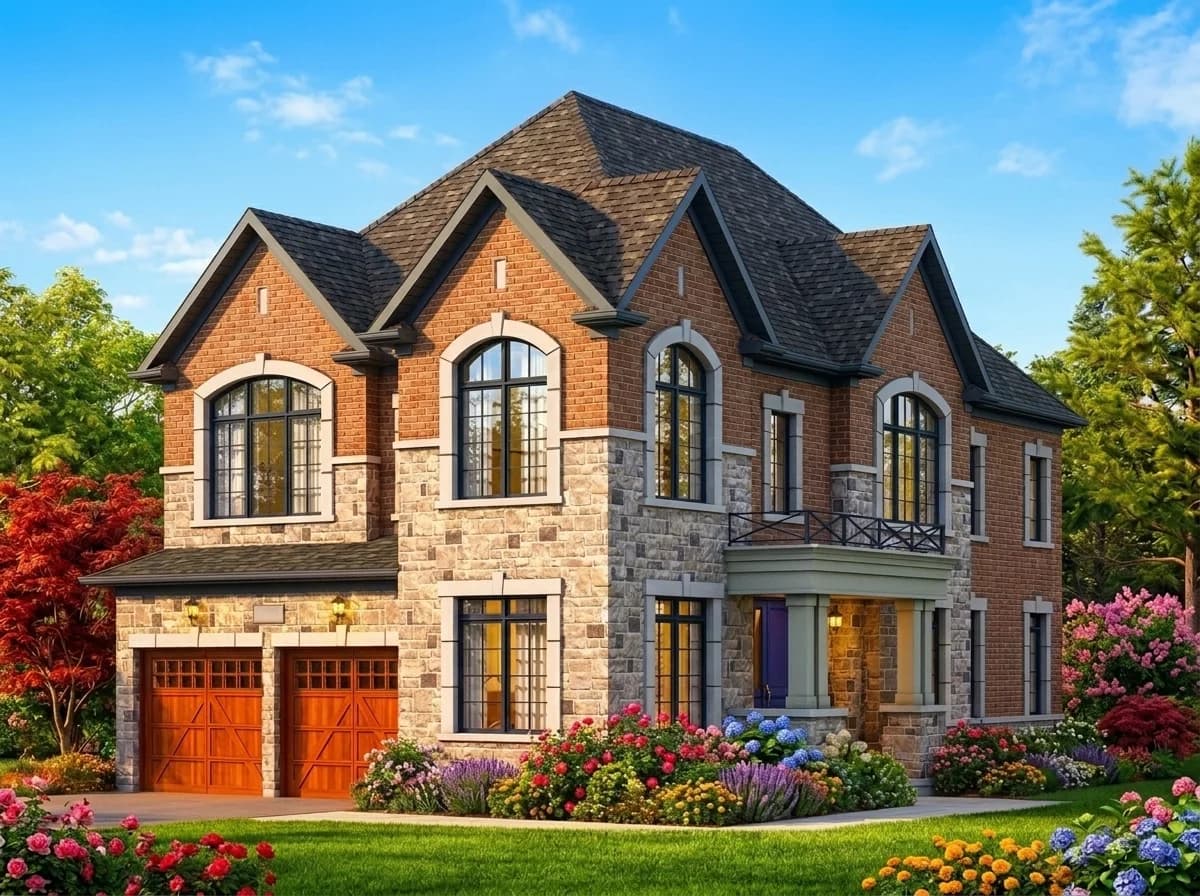 Brick and stone detached home with arched windows in daylight — artist’s rendering