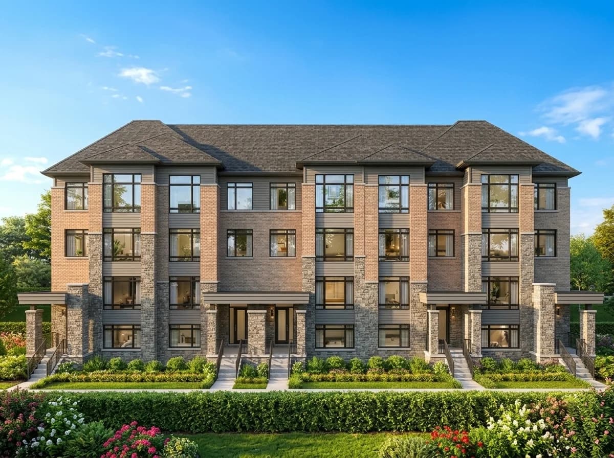 Three-storey townhome front elevations in daylight — artist’s rendering