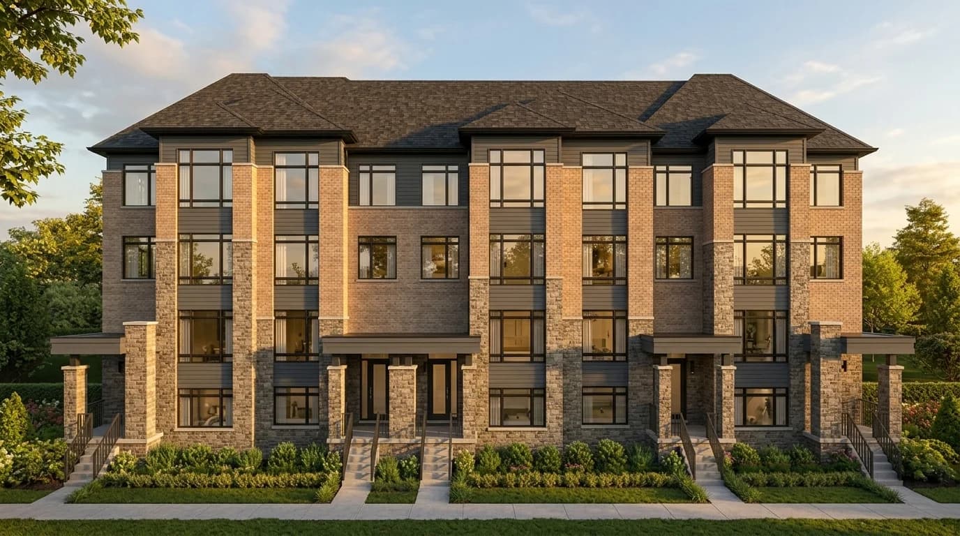 Three-storey townhome front elevations at sunset — artist’s rendering